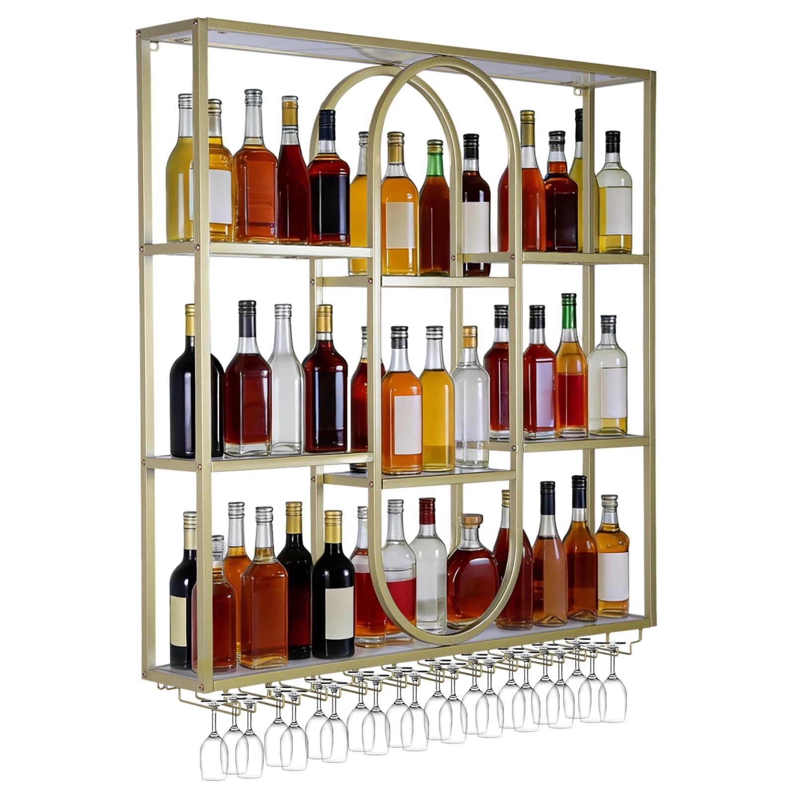 Metal bottle rack with 3 levels of 47 Inches with Glassware, Glassware for Home, Bar, Dining room, Kitchen, Living room