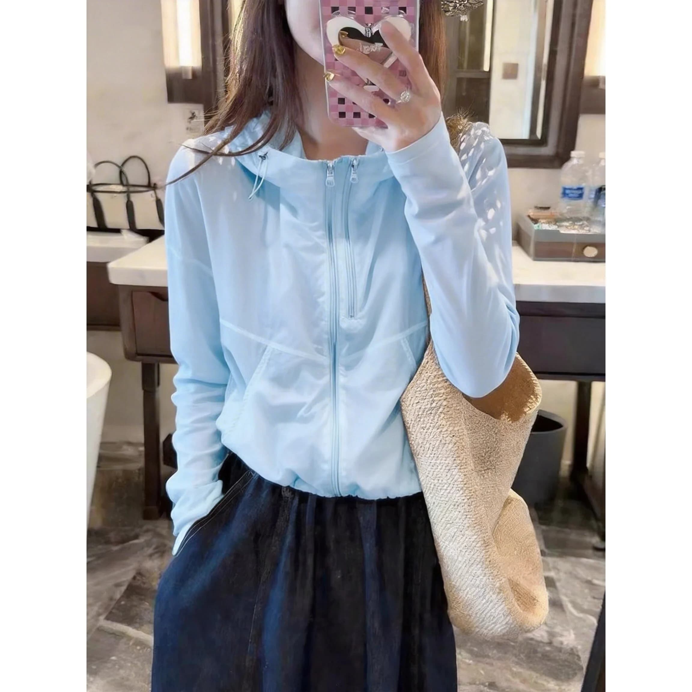 Abbigliamento Estivo da Donna a Doppio Strato, Stile Casual, Protezione Solare, Sottile con Cerniera, Giacca alla Moda a Maniche Lunghe con Cappuccio