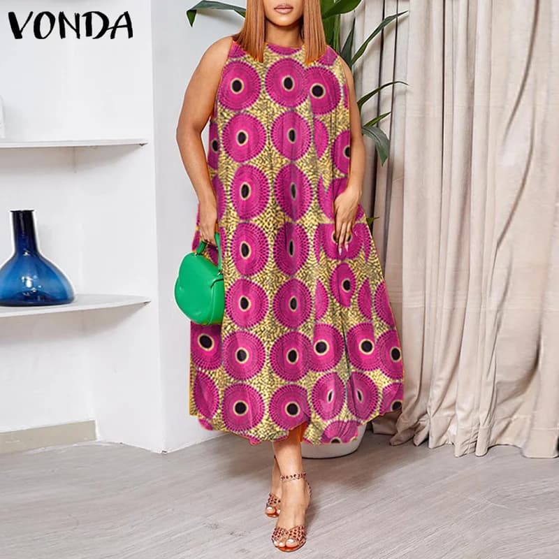 VONDA Women Long Shirt Dresses 2026 Summer Vestidos Bohemian Sleeveless Casual Loose Vintage Printed Midi Sundress Beach Robe
