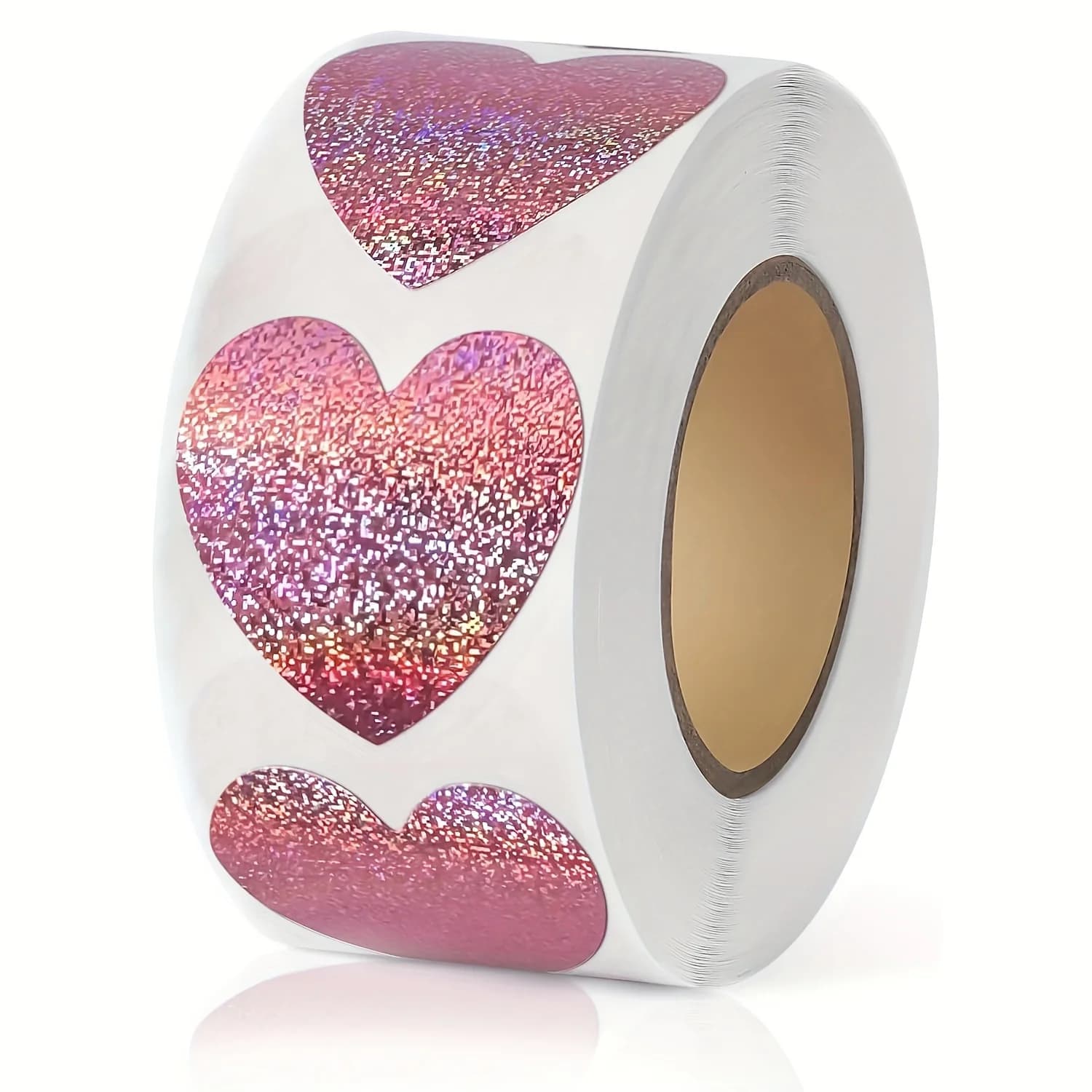 500Pcs/Roll 1.5 Inch Pink Heart Holographic Stickers Ideal for Envelope Sealing Gift Wrapping Valentine's Day Party Decor