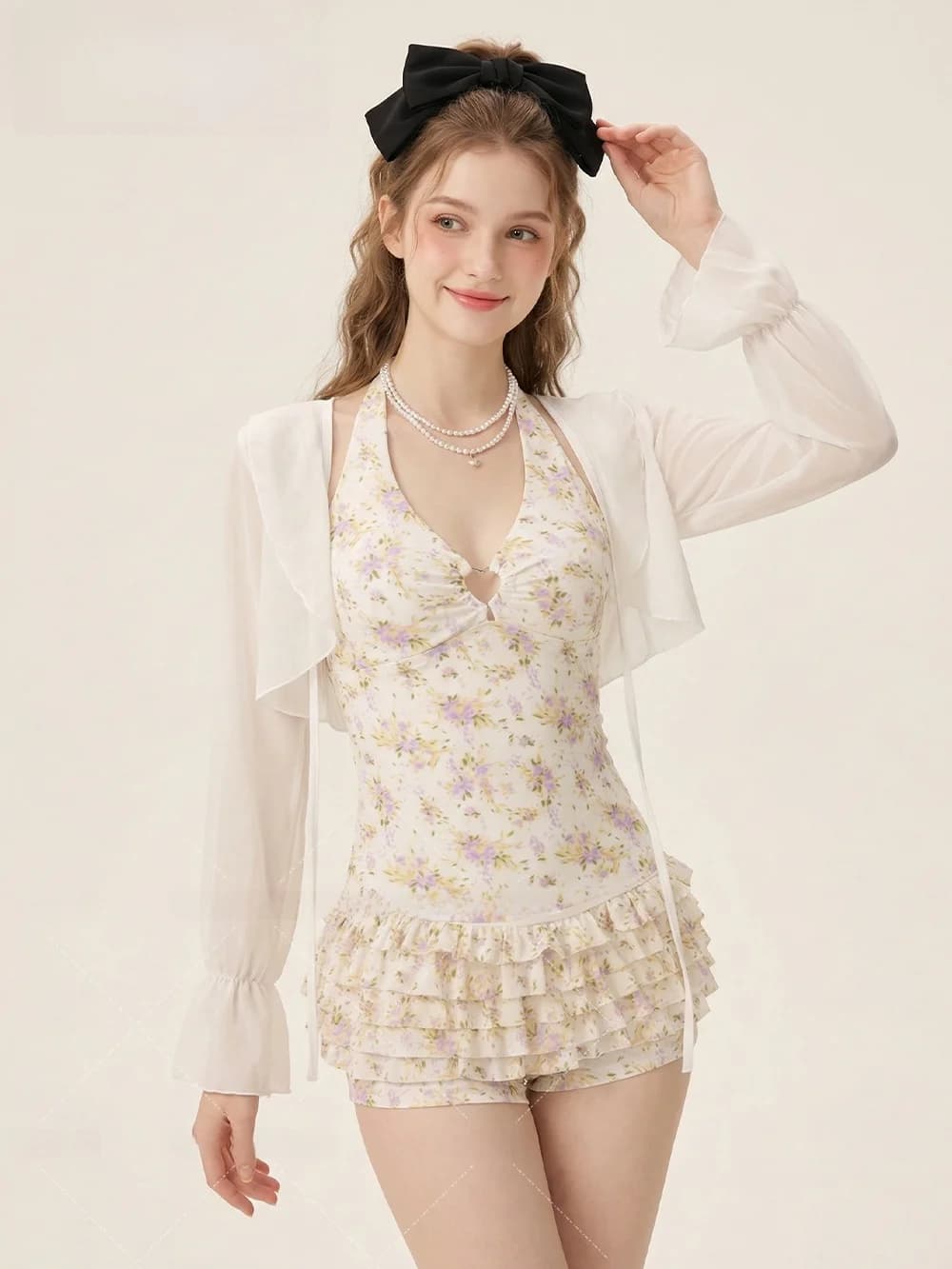 Conservative Women's Swimsuit Cute Floral Design Beautiful Girl Swimming Suit Thermal Spring Swimwear V-Ne Long Sve Te...