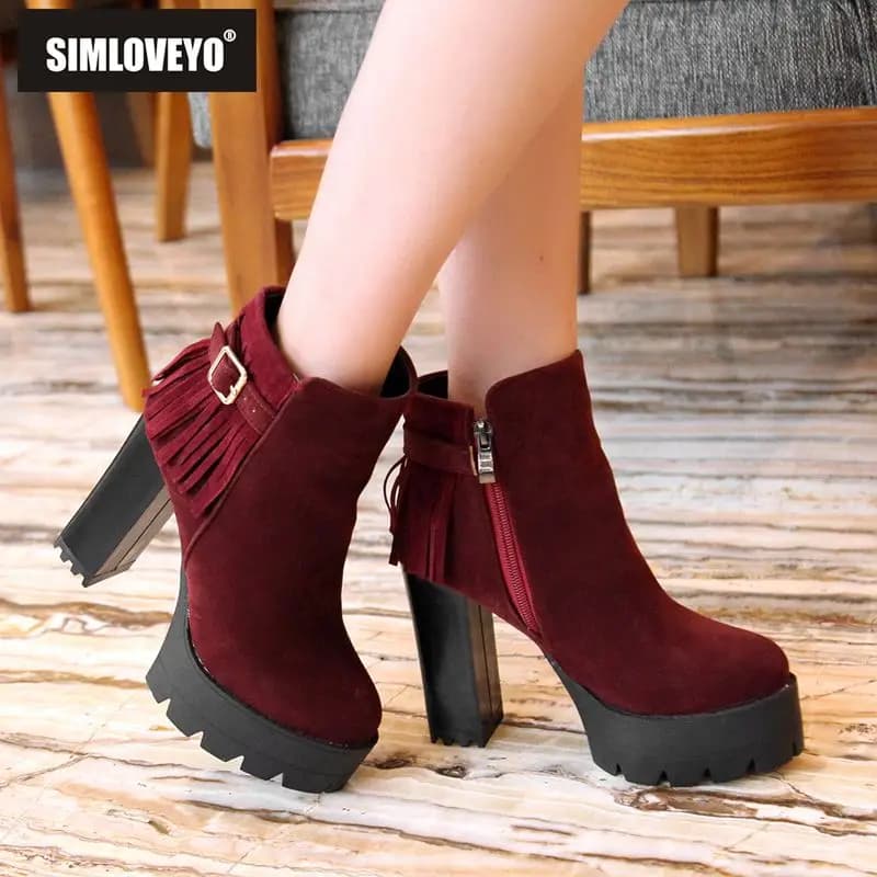 SIMLOVEYO Black Flock Suede Women Ankle Boots Round Toe 11.5cm Block Heel 4cm Platform Zipper Fringe Short Botas Plus Size 42 43