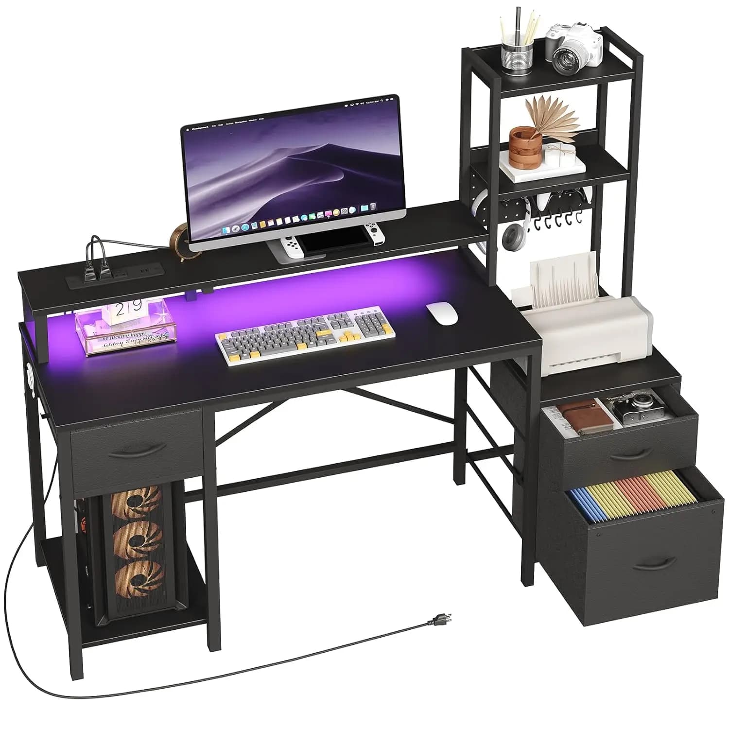 Desktop from Gaming 55 Inches with Current Grip, LED Light, Fabric Drawers, Storage Pads, Monitor Support, Side Hook, Black Customizable