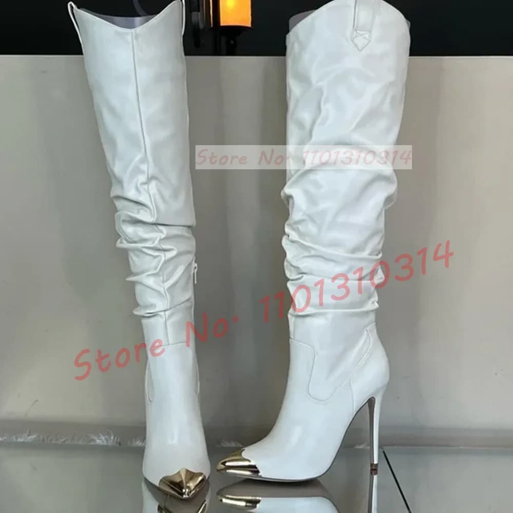 Stivali alti al ginocchio con punta metallica Donna Chic pieghettato bianco Tacchi alti a spillo Scarpe da donna invernali Splendidi stivali alti sottili a punta