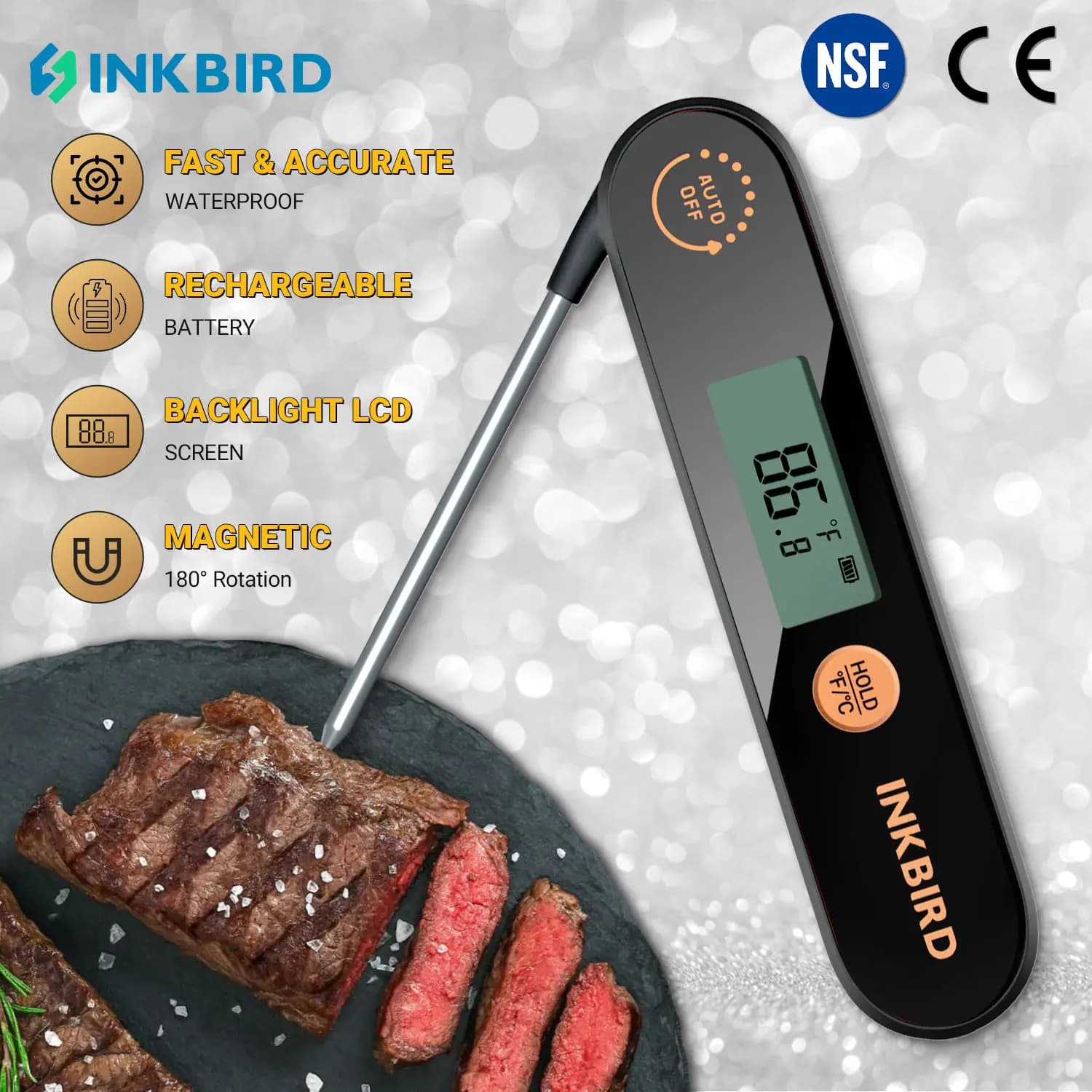 INKBIRD IHT-1X Termometro per carne portatile Termometro per alimenti digitale ricaricabile impermeabile a lettura istantanea con sonde per barbecue, latte