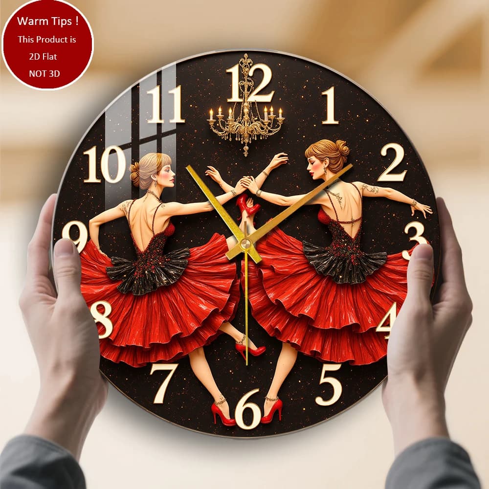 Tempered glass wall clock Two red dress dancers suitable for wall decorations or table display everywhere