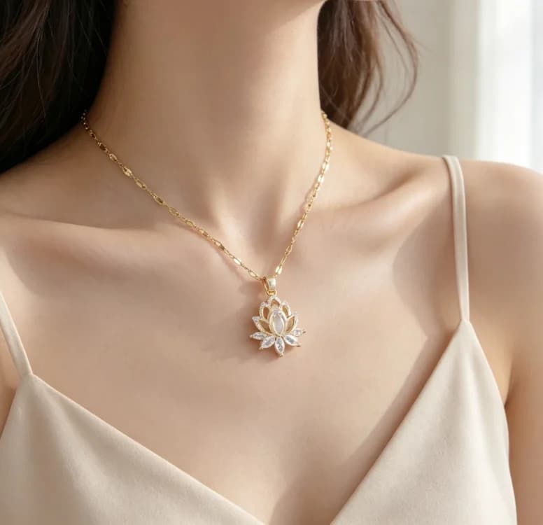 New Luxury Lotus Stainless Steel Flower Micro-inlaid Necklace Style Versatile Clavicle Chain Unisex