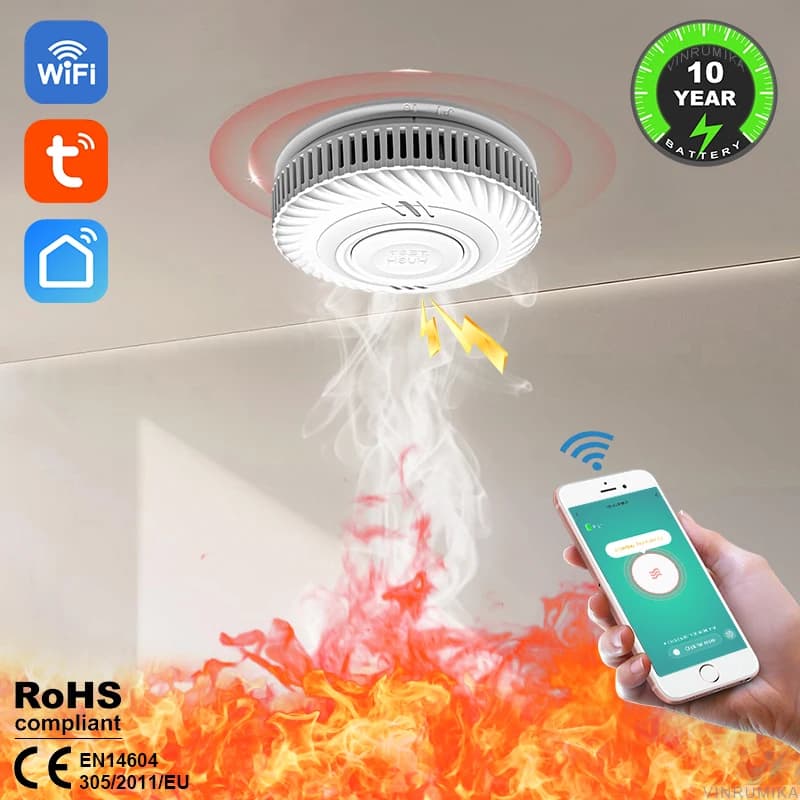 Funzione WiFi Rilevatore di fumo Tuya con batteria incorporata da 10 anni per la sicurezza domestica Soggiorno Cucina Negozio Sensore di fumo allarme antincendio