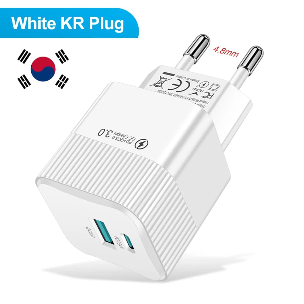 25W 2 Port USB C PD Fast Charger Mini EU KR Travel Wall Plug Adapter for iPhone 15 Pro Max Oneplus Phone Charging