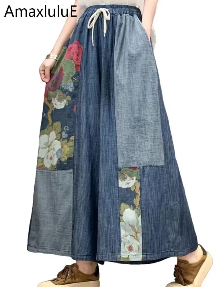 Amax luluE 2024 Summer Women's Fashion Denim Printed Plus Size Wide Leg Pants Women's Casual Floral Jeans Wide Classic Pants