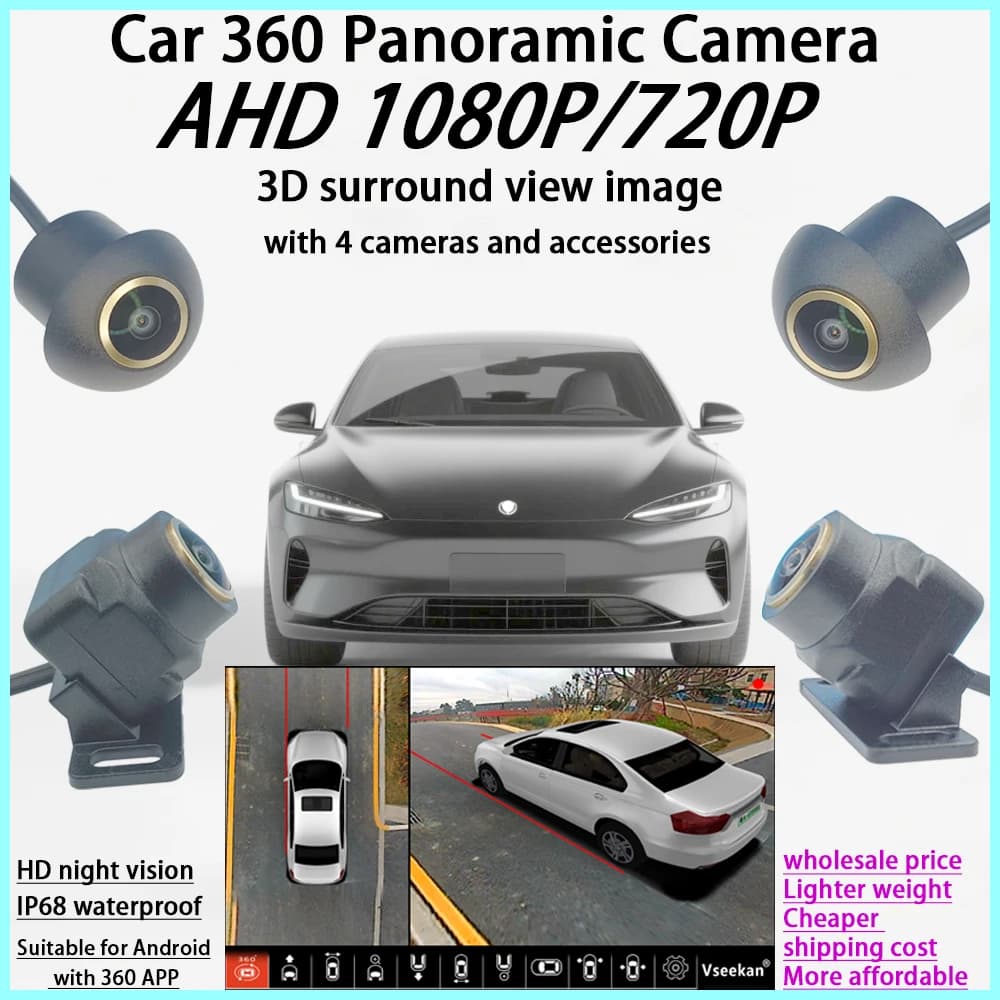 Telecamera per auto HD 3D a 360 gradi AHD 1080P con visione surround, telecamera anteriore, posteriore, sinistra e destra per navigazione Android, lente dorata per retromarcia