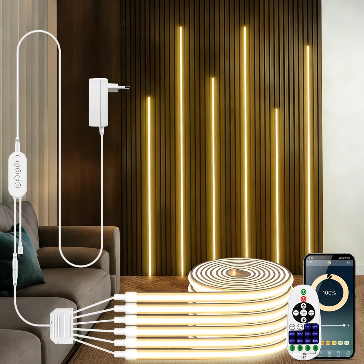 Griglia Acustica LED in Legno per Decorazione Pareti, Striscia LED COB 24V Autoadesiva, Kit Nastro Neon Impermeabile con App Bluetooth