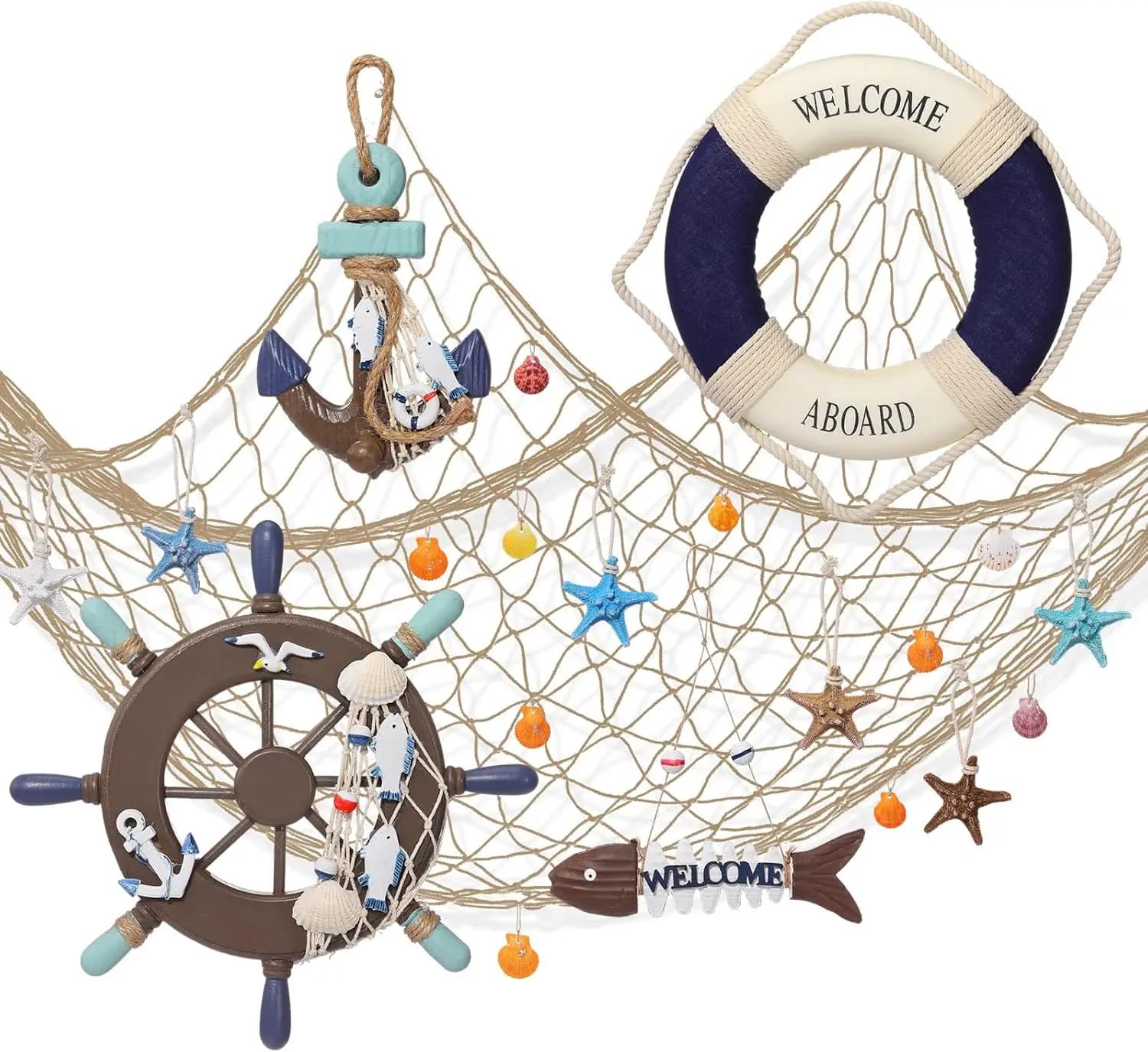 Set di 11 Pezzi Decorazione Murale Nautica in Legno con Rete da Pesca, Timone, Ancora per Feste a Tema Spiaggia