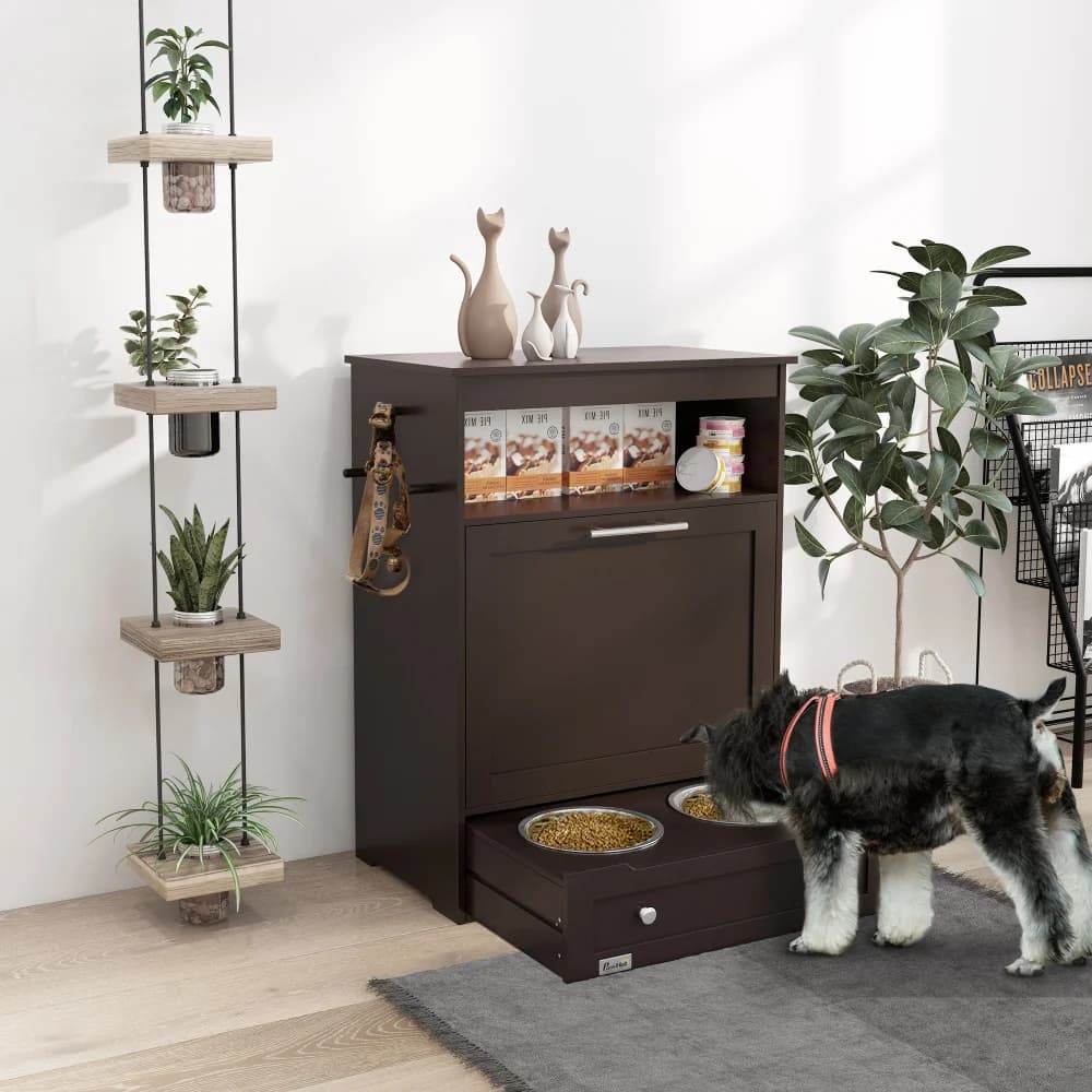 PawHut Pet Feeder Station: Brown Storage Cabinet with Raised Dog Bowls and Hanger for Dog Food & Watering Supplies