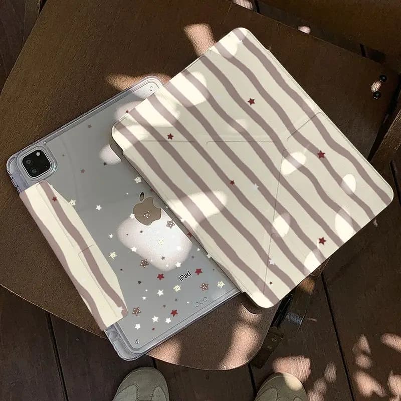 Korea ins Brown Stripe Star Tablet Case For iPad Pro 11 13 M2 M4 M3 10.2 5/6th 7/8/9/10/11th Mini 6 7 Air 3 4 5 6 Stand Cover