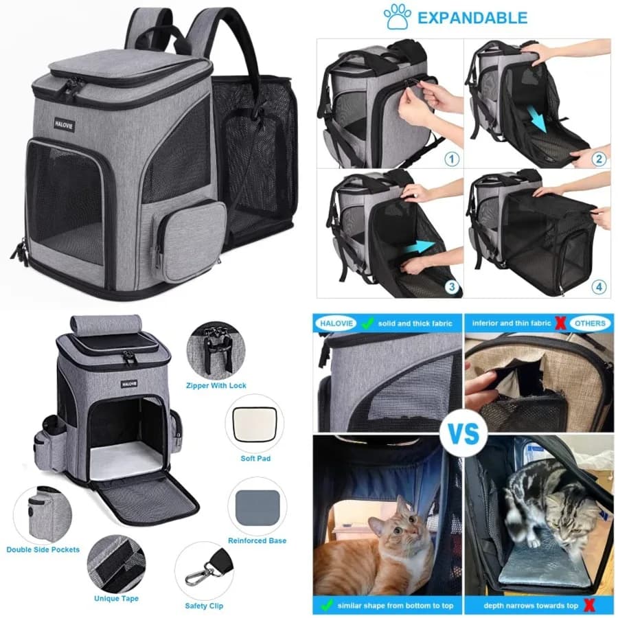Zaino Trasportino Espandibile per Cani e Gatti Sotto i 8 kg, Zaino Trasportino per Gatti in Rete Traspirante, Zaino Pieghevole per Cani
