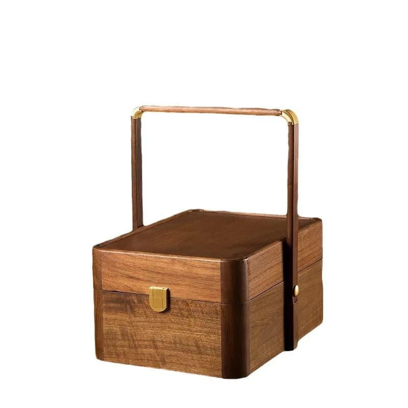 Scatola portaoggetti per pasticceria in legno massello di noce nera Scatola per frutta portatile con manico e coperchio Griglia leggera di lusso Nuova scatola di frutta secca cinese
