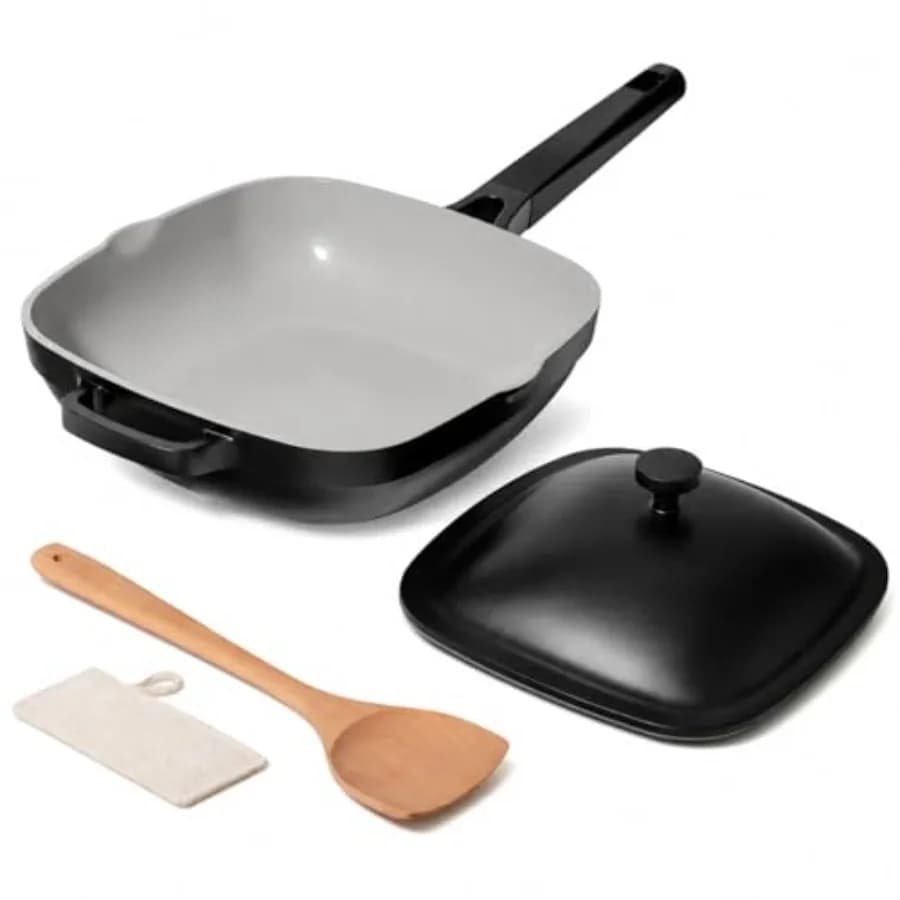 Padella in Ceramica da 10,5 Pollici 3,8QT con Coperchio, Padelle Antiaderenti in Alluminio Pressofuso, Padella Profonda in Ceramica Ti Non Tossica con Manico