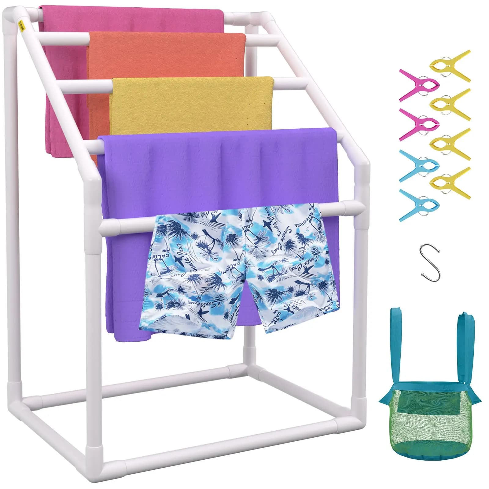 Portasciugamani a 5 barre in PVC per esterni, appendiabiti autoportante per piscina con clip, borsa e gancio, per esterni e interni, anche per trapunte