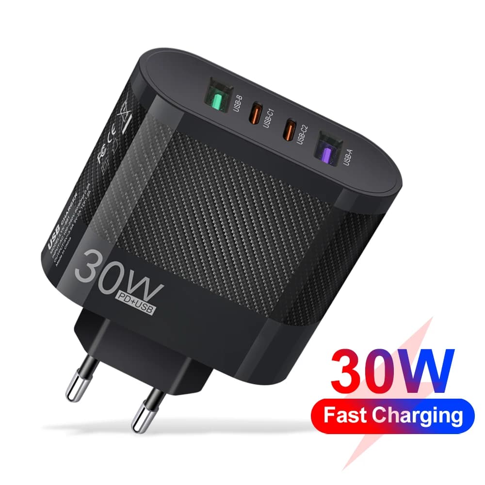 Caricatore USB C 30W con 4 Porte, Ricarica Rapida PD 3.0, Adattatore da Muro per iPhone, Xiaomi, Samsung, Huawei, Caricatore da Viaggio