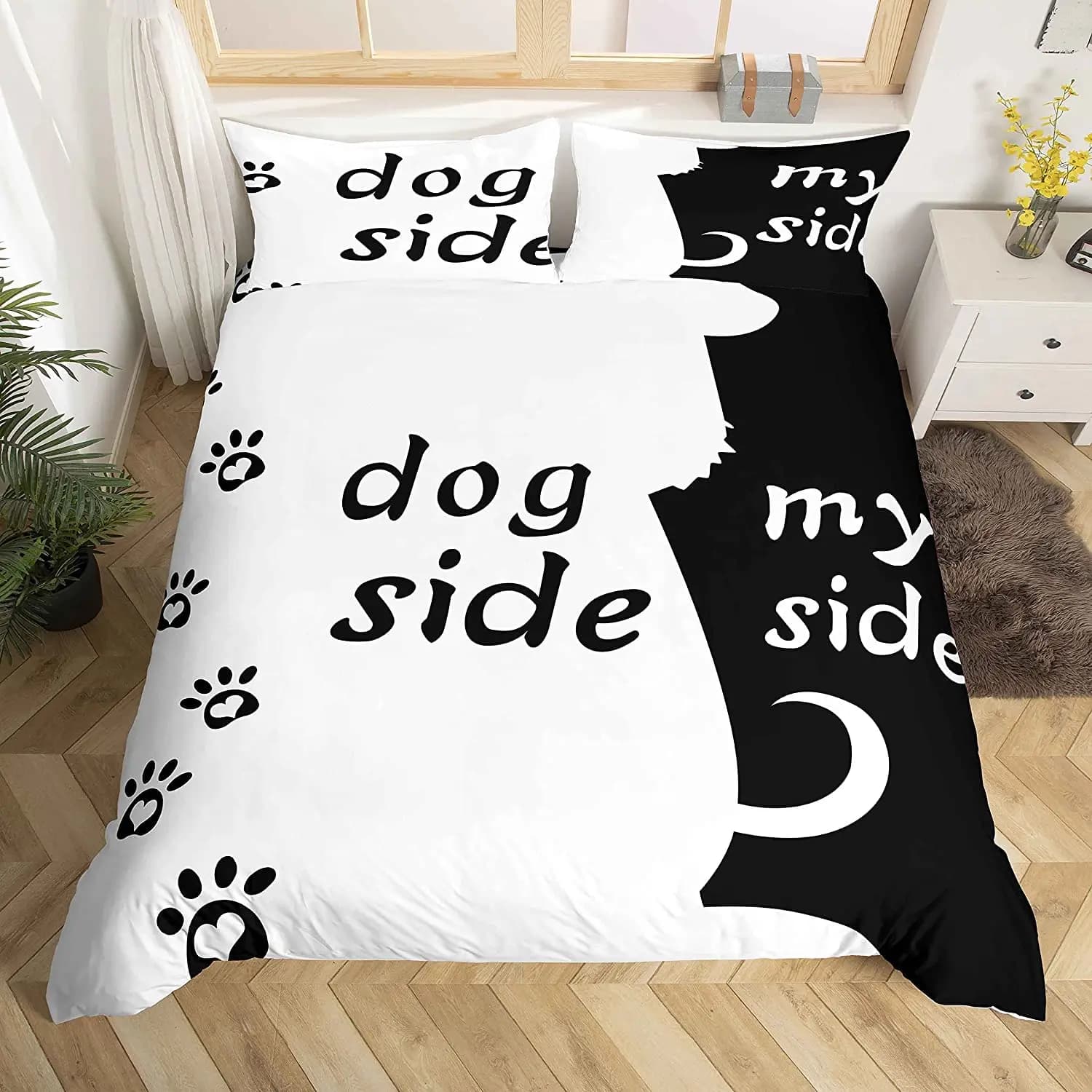 Set copripiumino lato gatto e mio lato Queen Size Set biancheria da letto gatto bianco nero Set copripiumino moderno a tema romantico per coppia