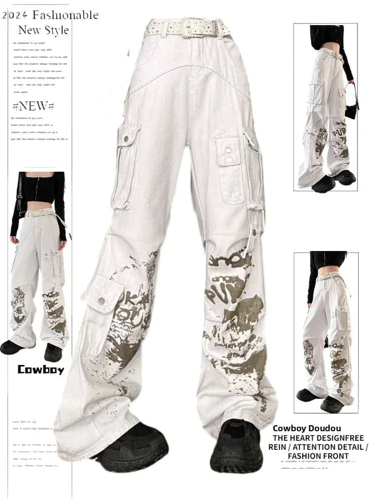American Style High Waist Straight Leg Wide Leg White Jeans Women's High Street Workwear Pants Hip Hop Street Design