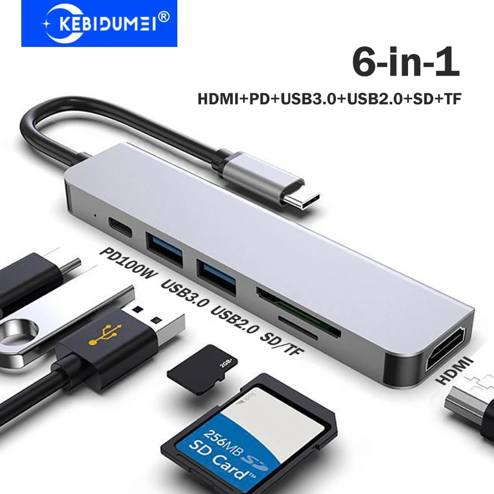 KEBIDUMEI Hub USB 3.0 6-in-1, Docking Station USB C, Adattatore da Tipo C a HDMI USB3.0/2.0 SD TF PD 100W, Splitter USB OTG per Laptop