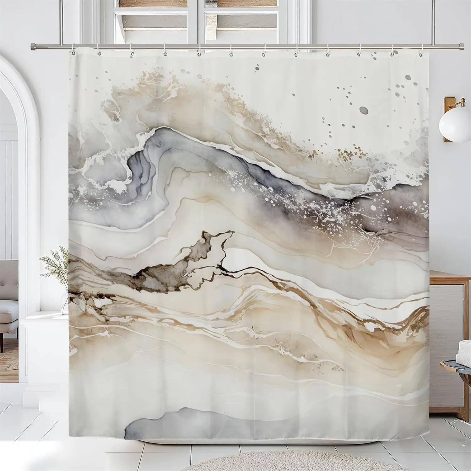 Tenda da doccia con motivo in marmo astratto, arredamento moderno per il bagno, elegante design ad acquerello, accessori da bagno in tessuto impermeabile per la casa