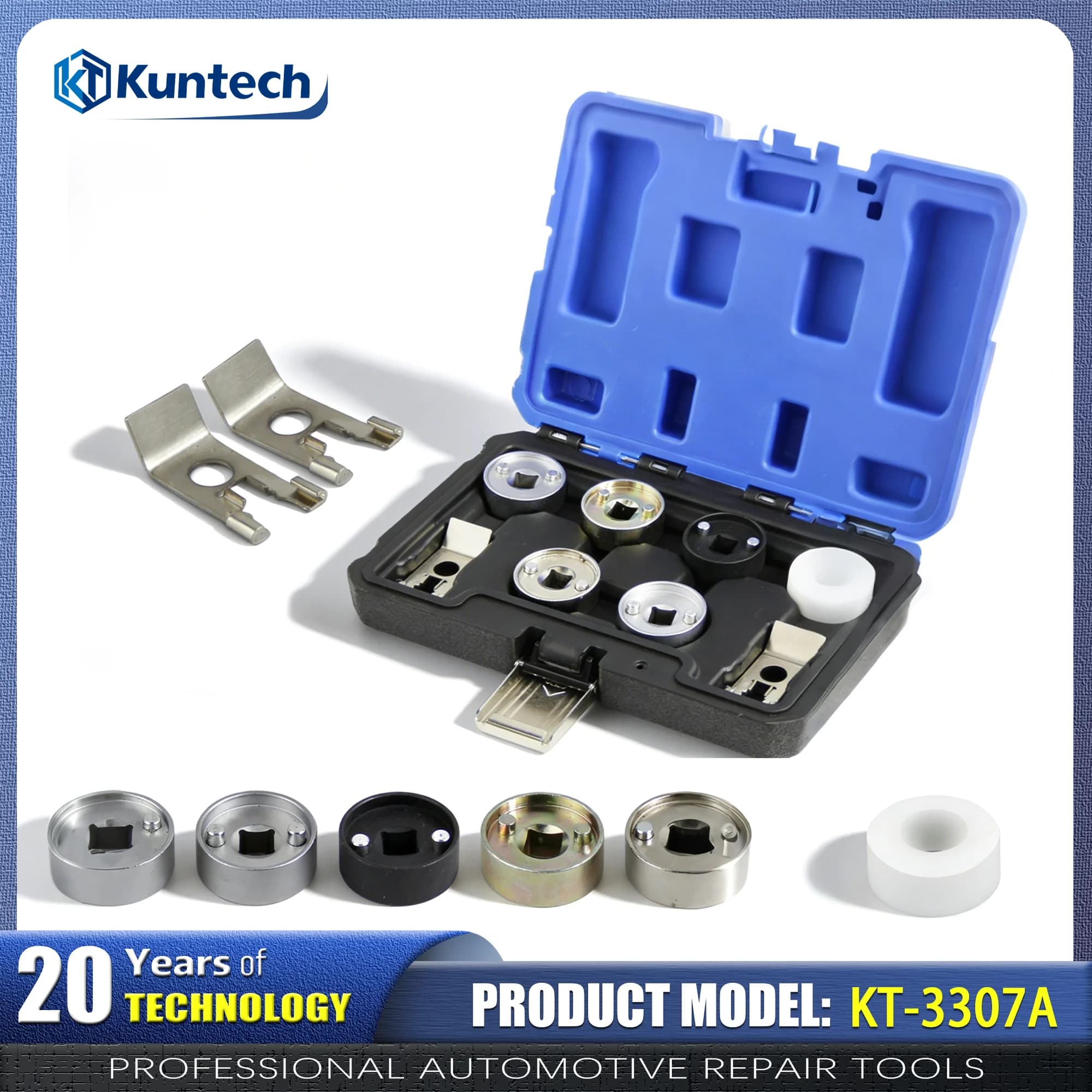 Kit di smontaggio per valvole di controllo albero a camme per motore Volkswagen Audi EA888, set di chiavi multi-misura per smontaggio valvole solenoidi VVT con adattatore speciale, strumento professionale in metallo per riparazione auto, installato in una scatola con manico rigido per veicoli serie EA888.