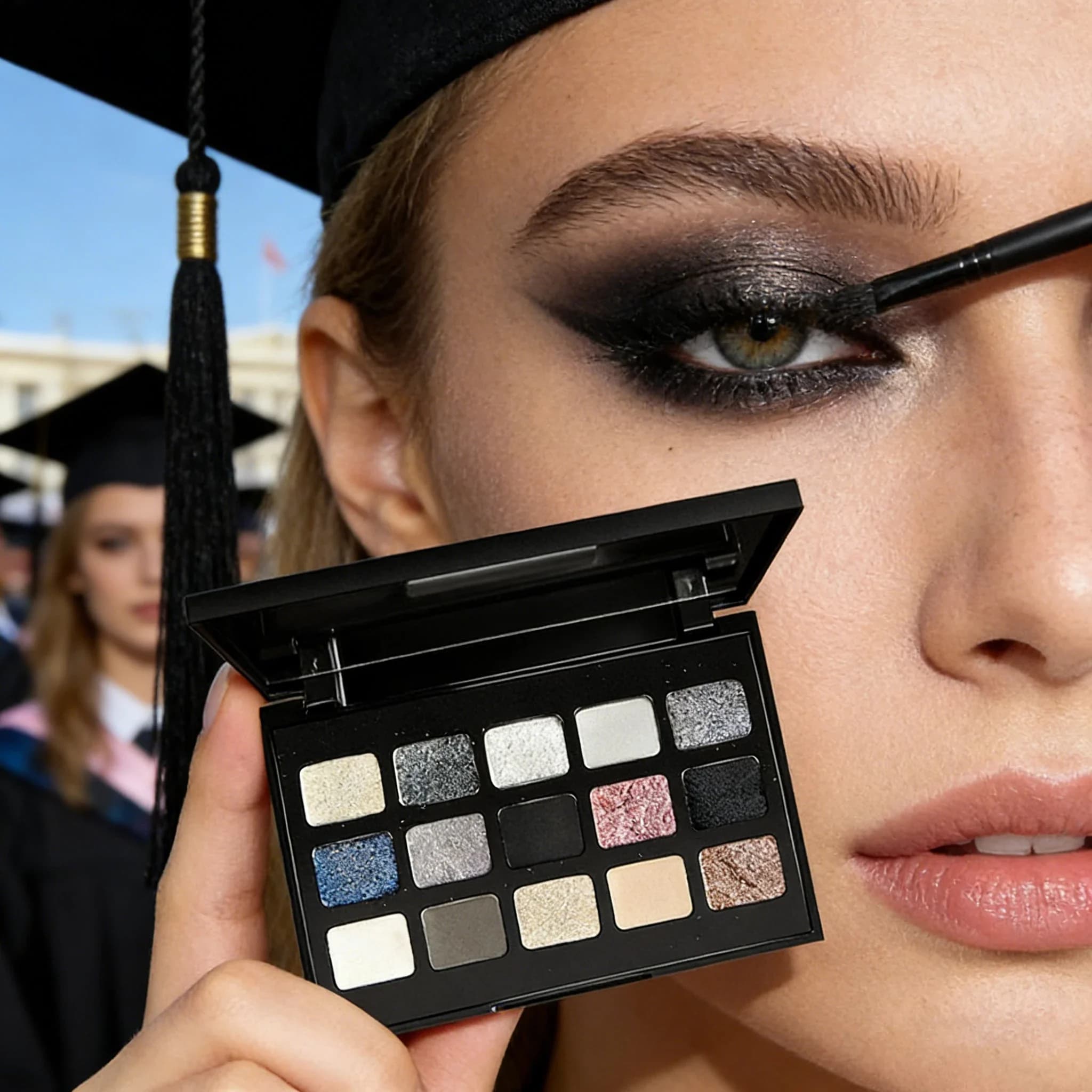 Palette Ombretti MGL Black Satin 15 Colori Grigio Glitter Smoky Dark Punk Metal Cosplay Trucco per Feste di Laurea