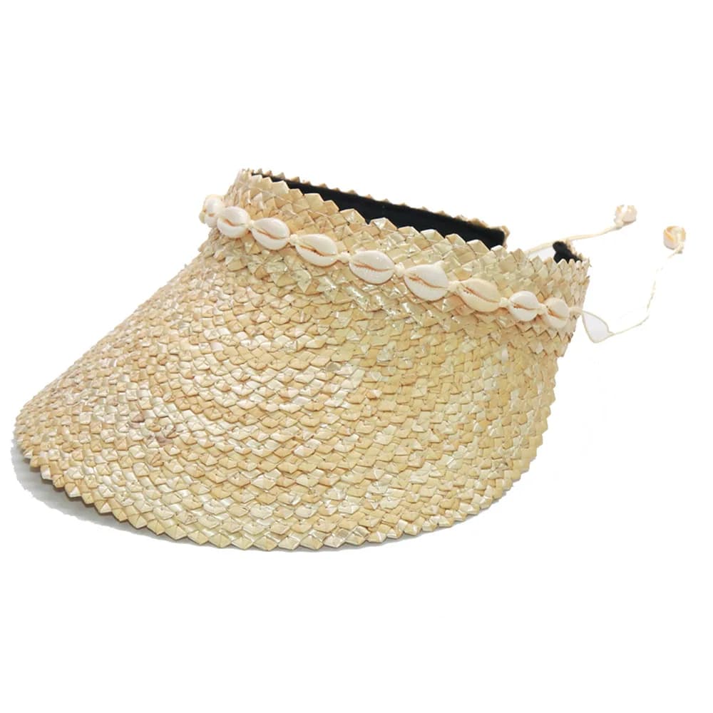 Handmade Wolf Tooth Grass Shell Visor Straw Hat, Elastic Headband Sun Cap for Women, Export