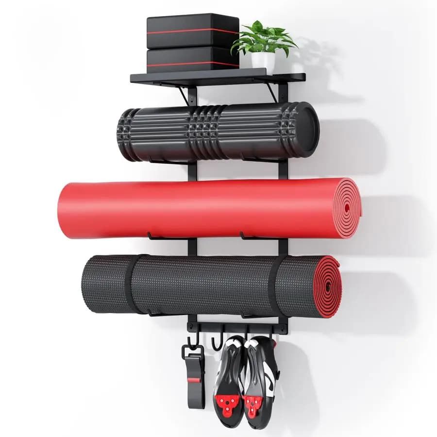 Support for Yoga Mats, Organizer for Home Gym Accessories, Floating Shelf and Hooks for Hanging Mats