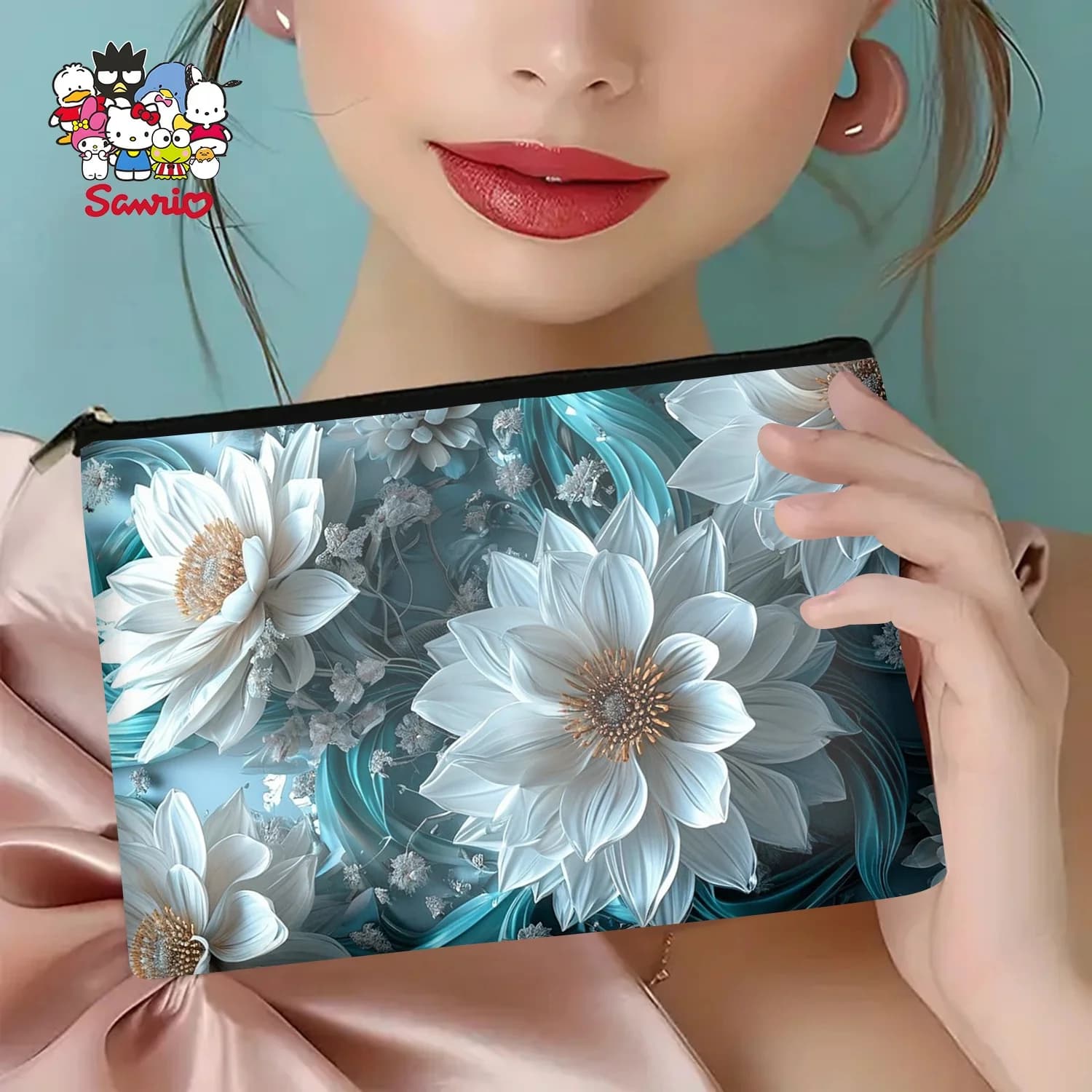 Una borsa per il trucco con fiori blu e bianchi: una simpatica custodia multifunzionale con cerniera per donna, una borsa per riporre gioielli