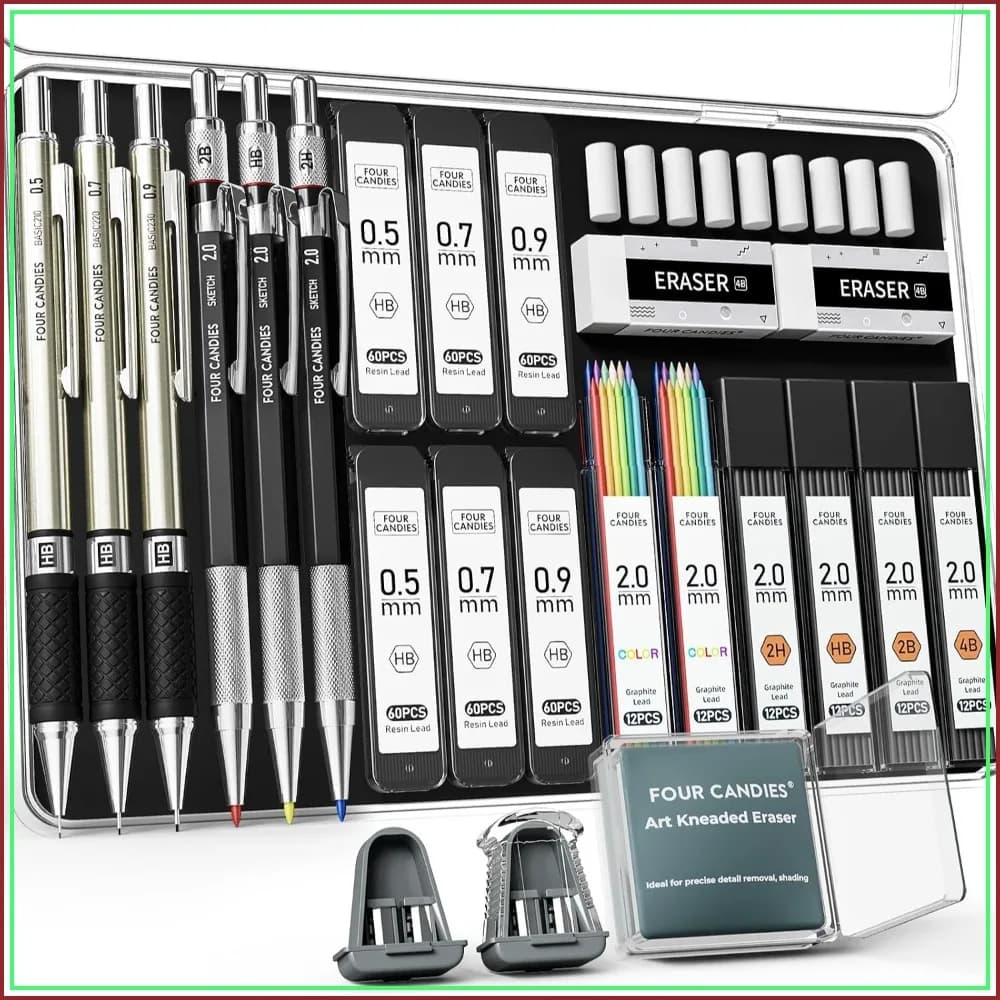 Complete Mechanical Pencil Set 25PCS with Case, 0.5/0.7/0.9mm & 2mm Lead Holders, 432 Lead Refills, Drawing Kit for Teens & Adults