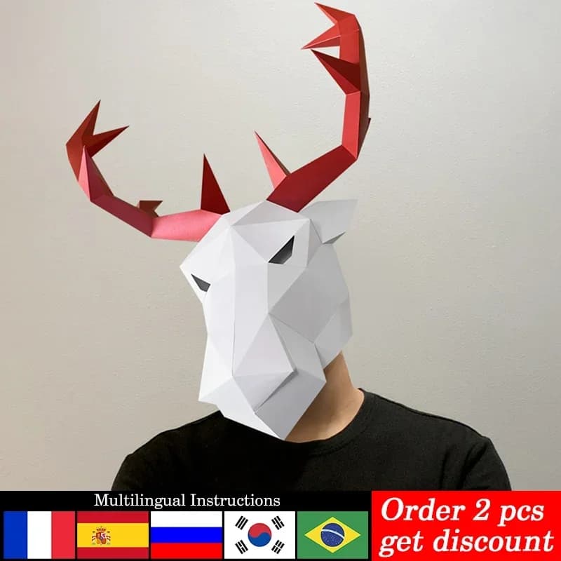 Gold Christmas Deer Mask Paper Model,Origami Costume Party Cosplay,Low Poly 3D Papercraft Art,Handmade Adult DIY Craft RTY340