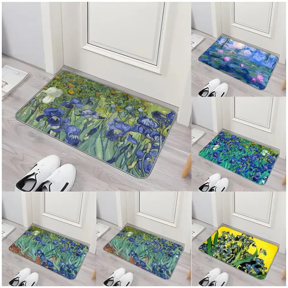 Tappetino da pavimento in stile Van Gogh con iridi, tappetino da porta in flanella lavabile antiscivolo, tappeto assorbente per interni