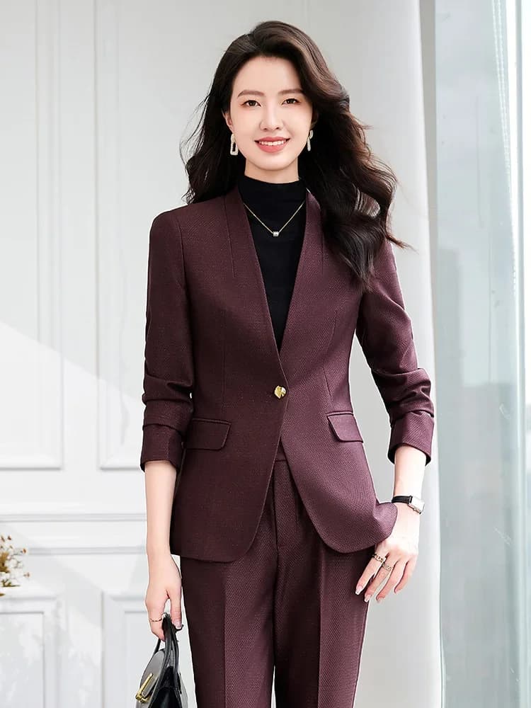 Pop Solid Two Piece Sets Women Outifits 2024 Office Ladies Casual V Neck Single Button Blazer Office Lady Pencil Pant Suits