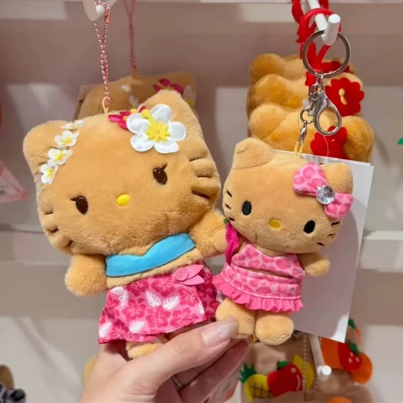 Portachiavi Peluche Kawaii Hello Kitty con Vestito a Fiori di Ibisco, Simpatico Gattino Rosa con Bikini Stampa Leopardata, Bambola Estiva Imbottita