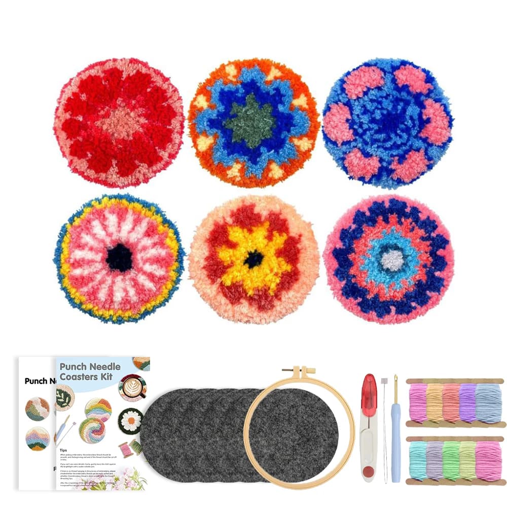 RUOPOTY 6pcs Punch Needle Coaster Diverse Flowers Punch Needle Wall Art Picture Adult Hobbies Flower Starter Needle Point Kit Wa