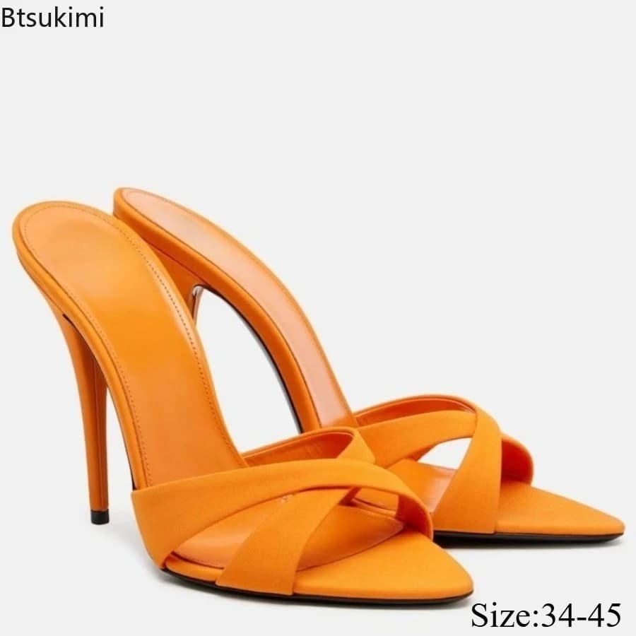 Women's Cross Strap High-heeled Pointed Slippers Summer Solid Color Fashion Slip on Sandals New Dance Party Wedding Party Shoes