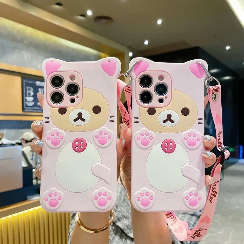 Custodia per telefono 3D con cordino a tracolla a forma di orsetto Rilakkuma per Samsung Galaxy S26 S25 S24 S23 S22 S21 S20 Plus Ultra FE S8 S9 S10