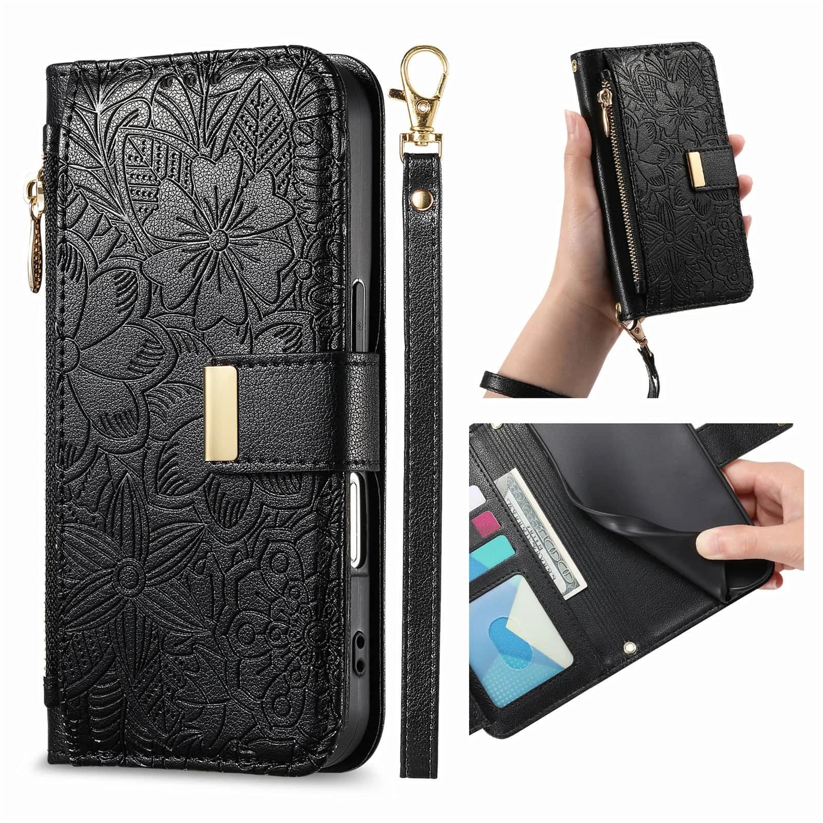Custodia a portafoglio per iPhone 17/16e/16 Plus/15/14/13/12 Pro Max Cordino con cerniera Doppio porta carte Flip Stand Cover con fibbia magnetica