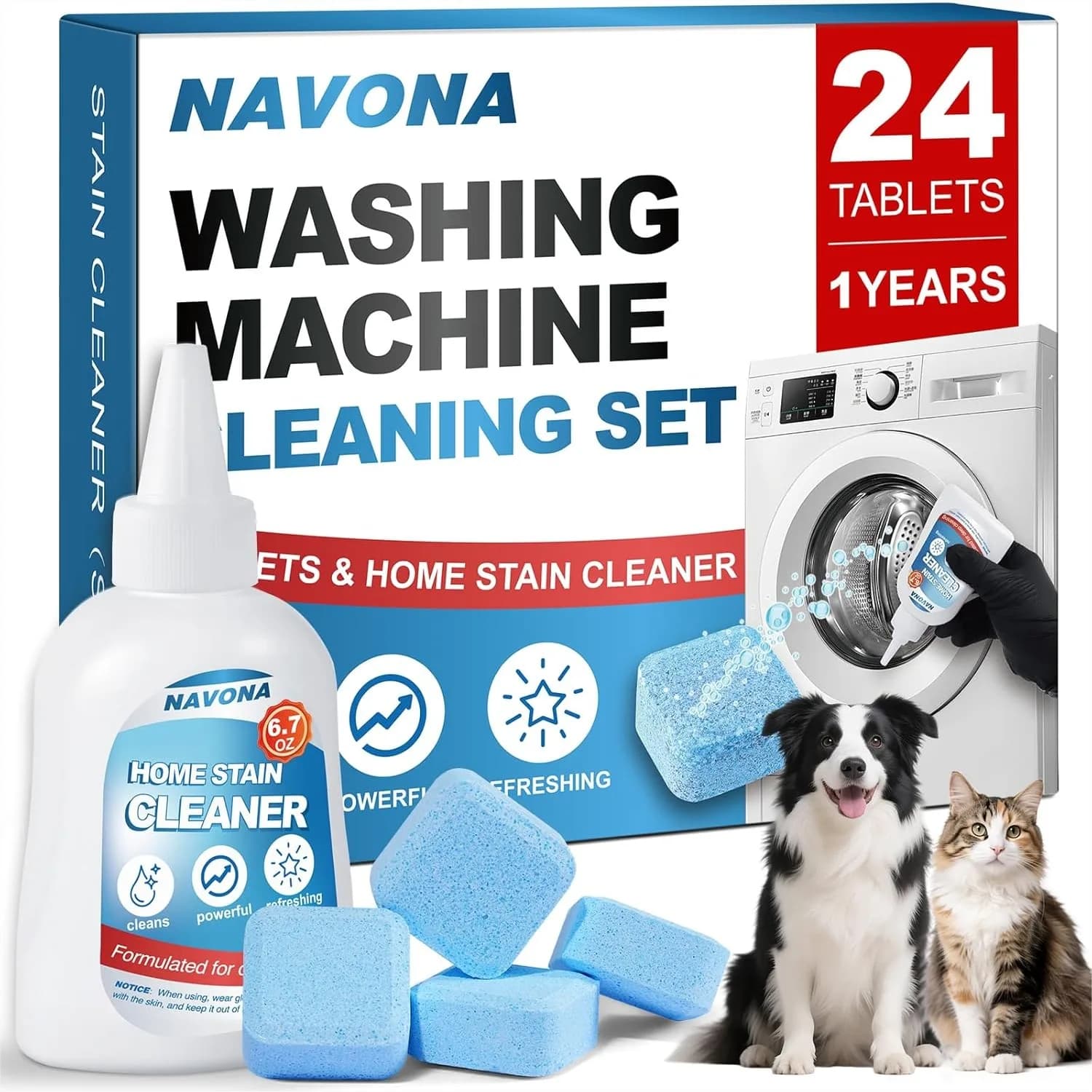 Confezione da 24 Pastiglie Detergenti per Lavatrice con Gel Smacchiatore, Pulizia Profonda per Odori, Calcare e Peli di Animali, per Lavatrice a Carica Frontale e dall'Alto