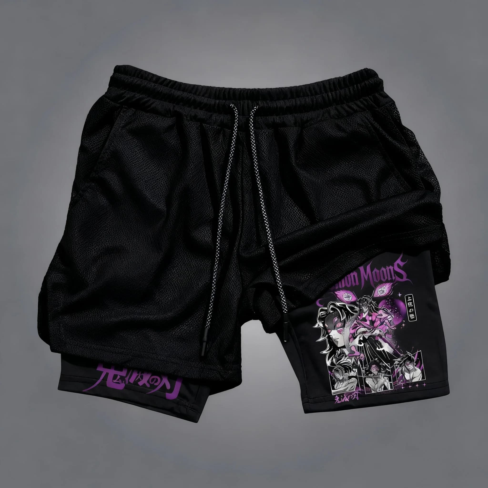Demon Slayer Kokushibo Double layered shorts printed with anime motifs, men's summer shorts for fitness, swimming, quick drying, breathable, 2 in 1