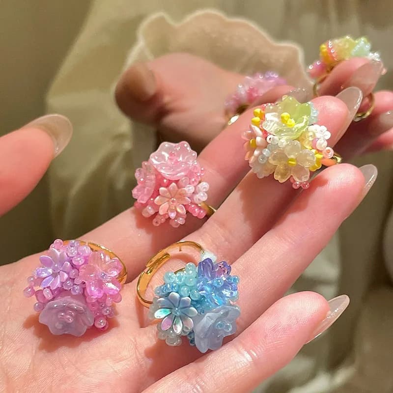 Ring with Flowers of Ortensia and Mughetto in Colored Beads, Elegant Spring Jewelry, Gift for Women