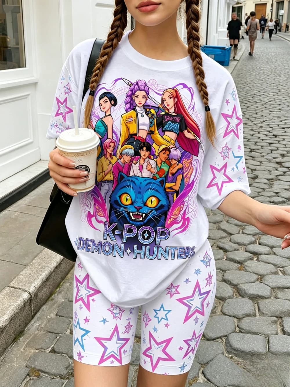 Girls White Star K-Pop Demon Hunters 2Pcs Outfit Anime Idol & Blue Cat Print Tee Neon Star Biker Shorts Kids Summer Casual Set
