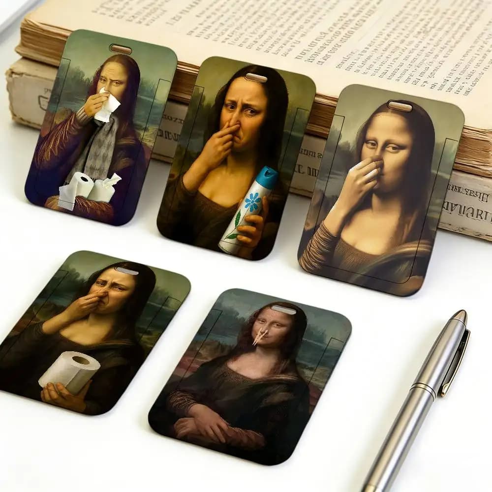 Divertente Porta Badge Mona Lisa con Naso, Leggero e Morbido, con Cordino da Collo, per Carte e Tesserini, Portatile, per Ufficio e Personale