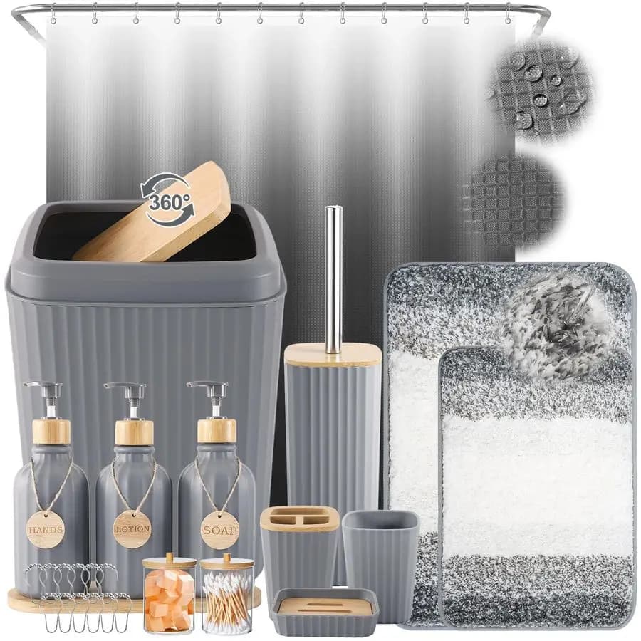 Set di Accessori per Bagno Grigio con Tenda Doccia, Tappeti, Cestino, Dispenser Sapone Liquido 3 Pezzi, Porta Spazzolino, Portasapone, Asciugamani
