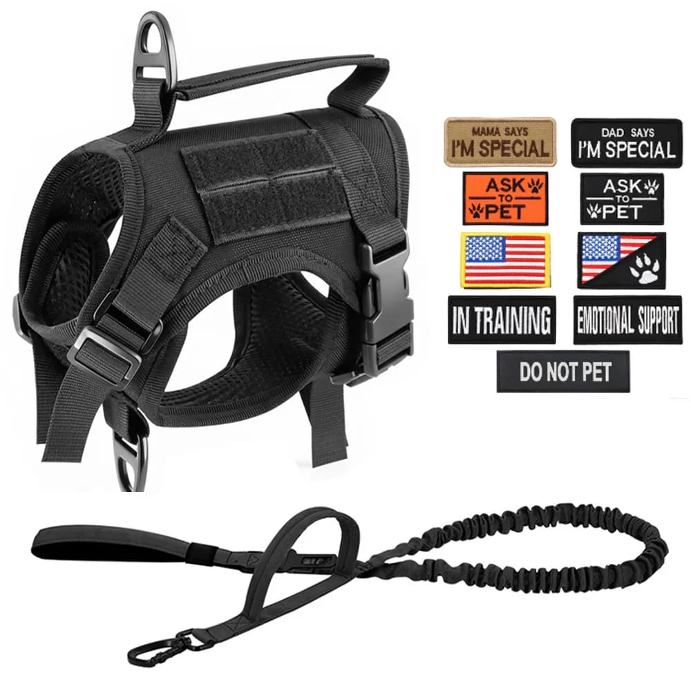 Tactical Dog Harness with Bungee Leash Set No Pull Vest for Small Medium Large Dogs Adjustable Training Harness with Patches