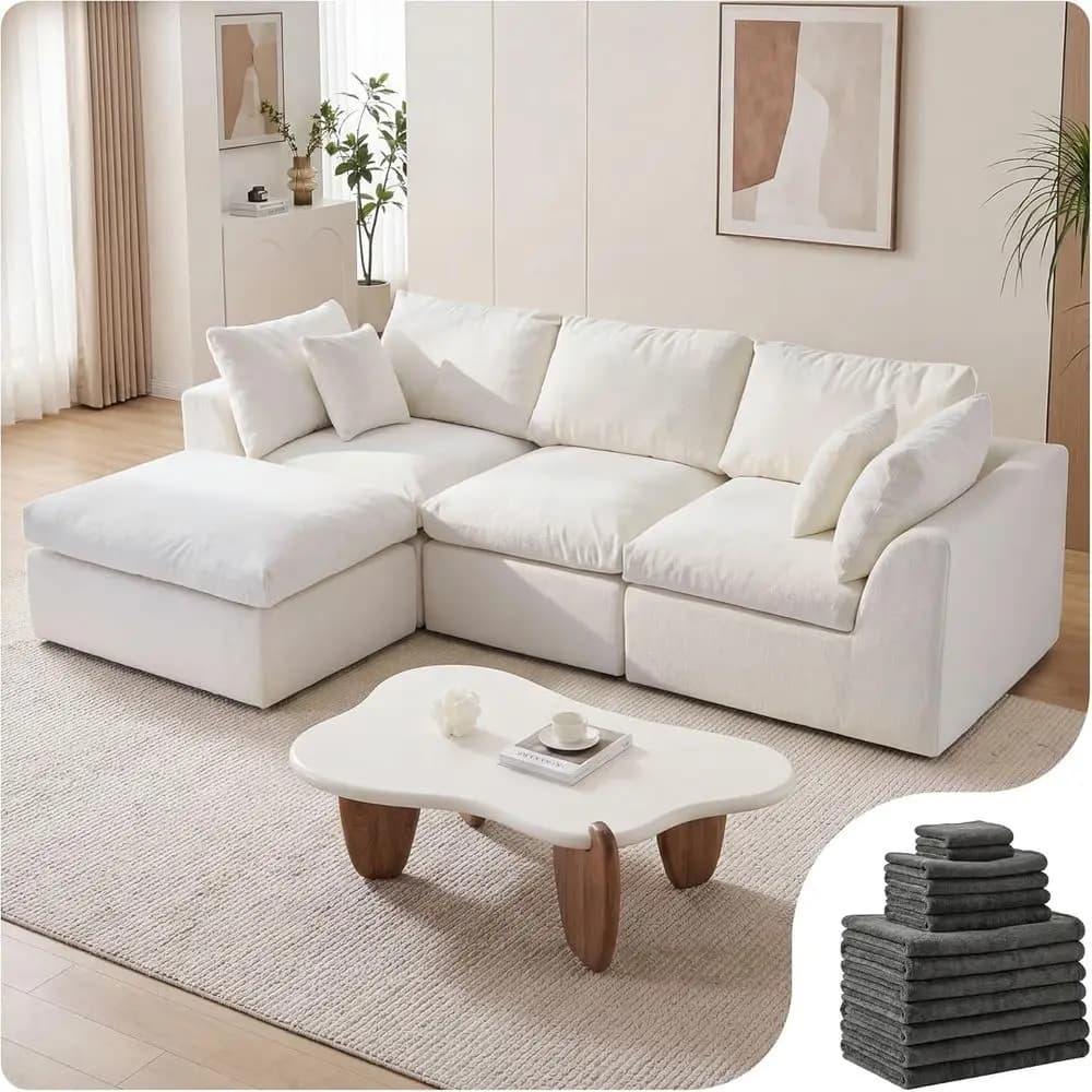 L-Shaped 108 Sectional Sofa, 1 Washable Cover, 25.6 Deep Seat, Ottoman Included, Oversized Comfort, DIY Color Change (White Sofa